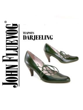 John Fluevog Teapots Darjeeling Leather Pumps Heels Olive Green